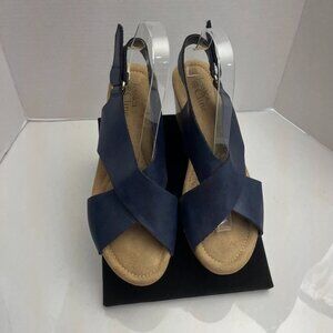 Jessica Cline Dreamer Navy Cork Wedge Slingback Sandals Women’s 10M Crisscross